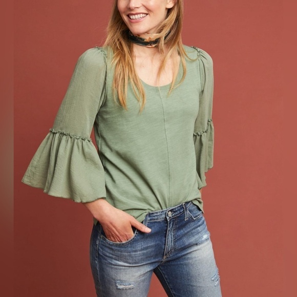 Anthro | Bordeaux Foster Bell-Sleeved Top in Moss - Picture 1 of 8